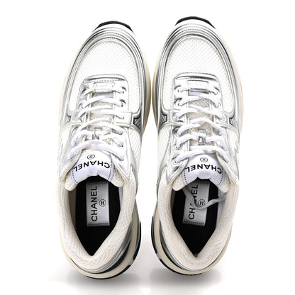 Chanel Fabric Laminated Calfskin Stretch CC Womens Sneakers 40 White Silver 2 of 10