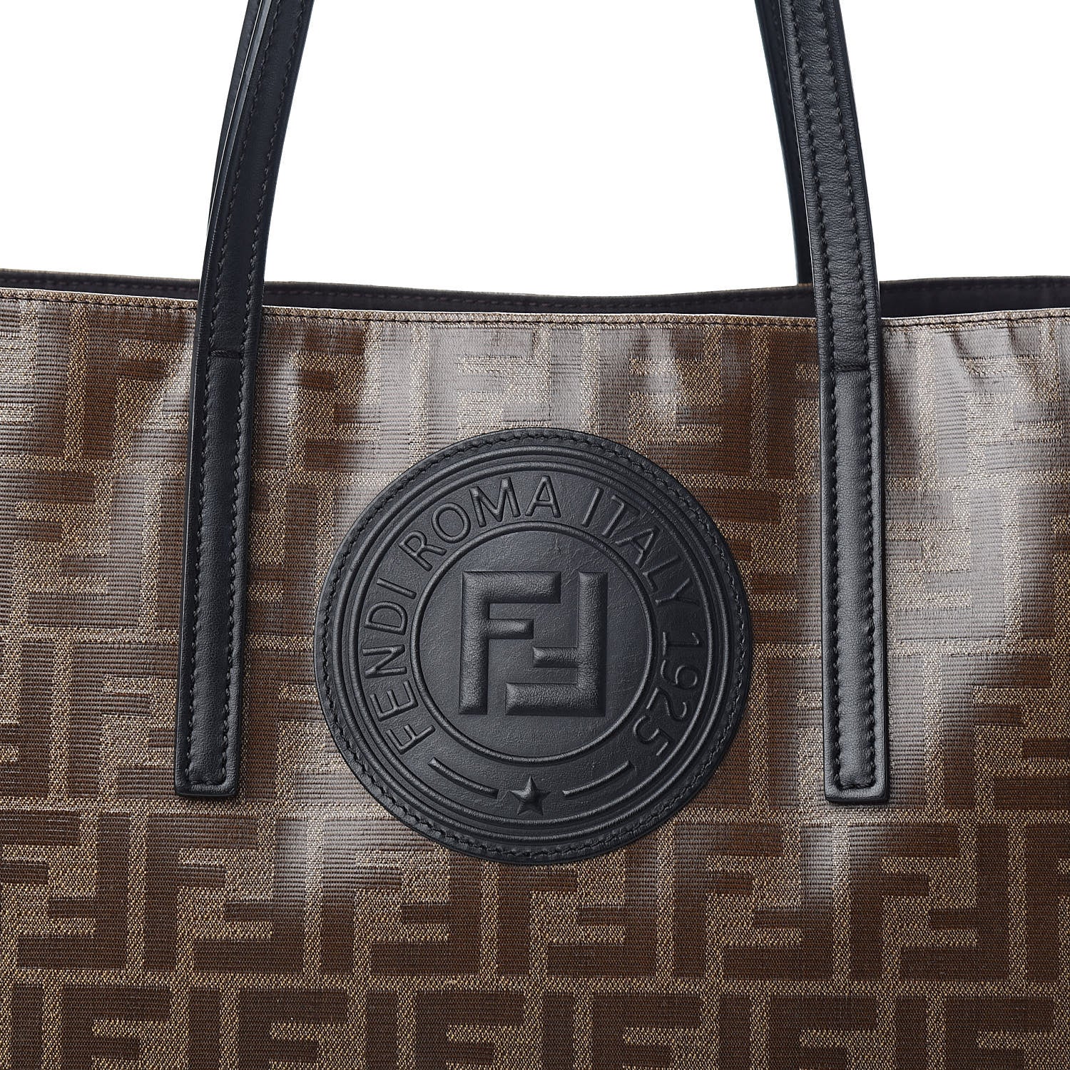 Fendi Glazed Fabric Vitello Century FF 1974 Stamp Patch Shopping Tote Mogano Panna Black 14 of 14