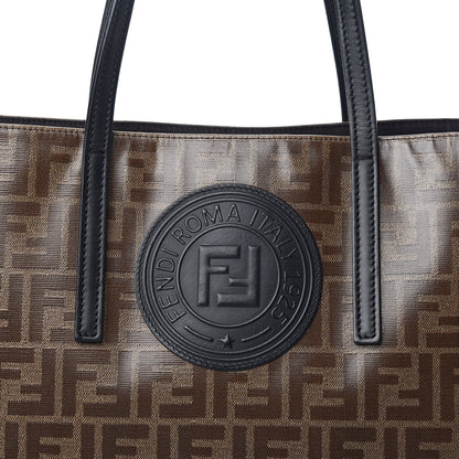 Fendi Glazed Fabric Vitello Century FF 1974 Stamp Patch Shopping Tote Mogano Panna Black 14 of 14