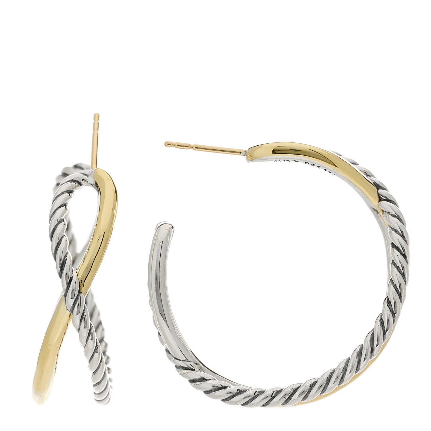 David Yurman Sterling Silver 14K Yellow Gold Crossover Cable Hoop Earrings 1 of 4