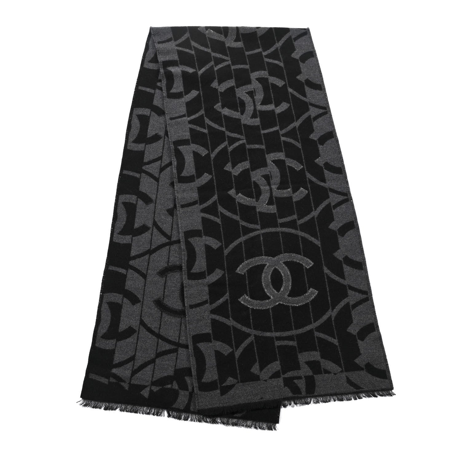 Chanel Wool Silk CC Scarf Grey Black 2 of 2