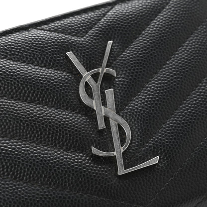 Saint Laurent Grain De Poudre Matelasse Chevron Monogram Compact Zip Around Wallet Black 10 of 11