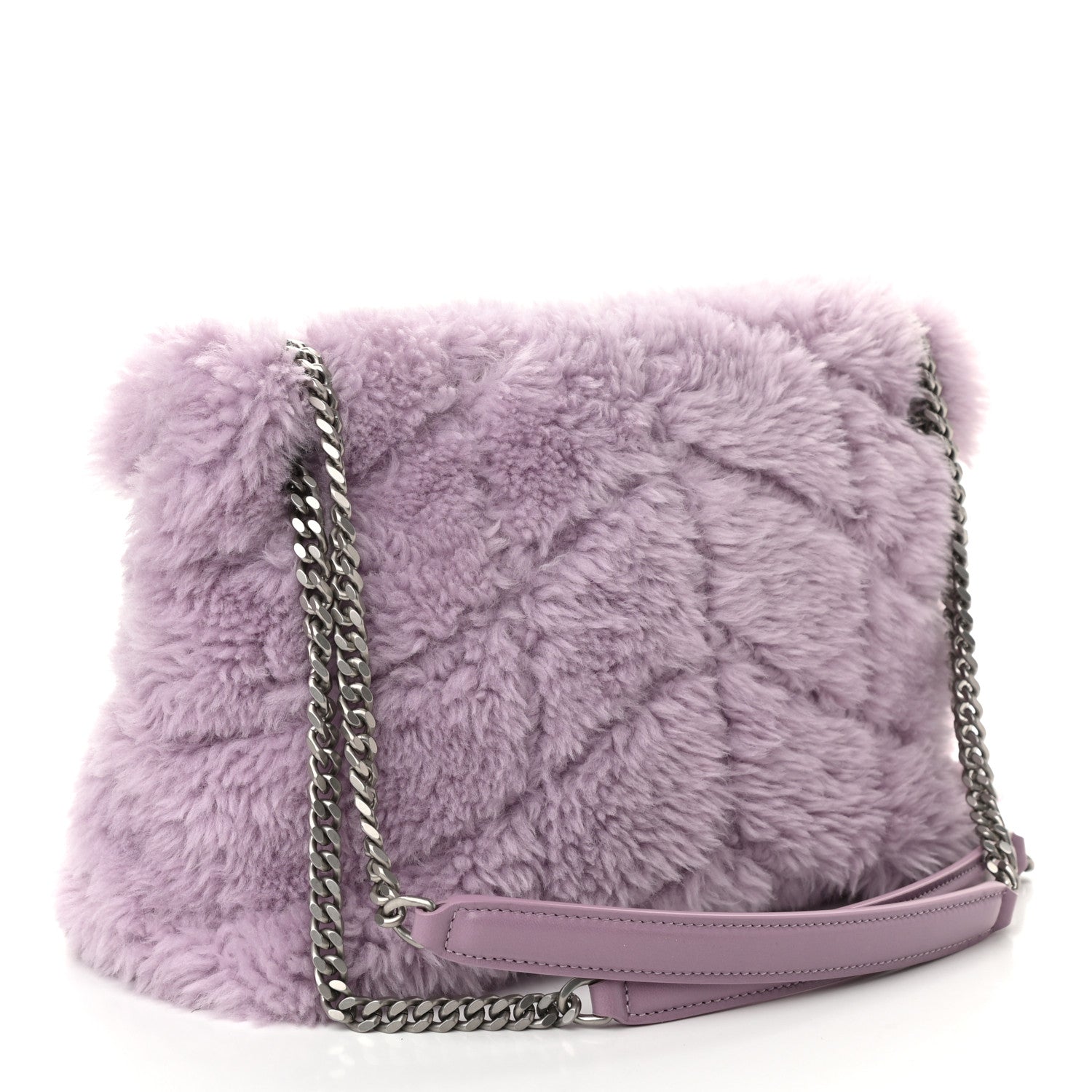 Saint Laurent Merino Shearling Lambskin Quilted Small Loulou Puffer Monogram Chain Satchel Lila 3 of 8