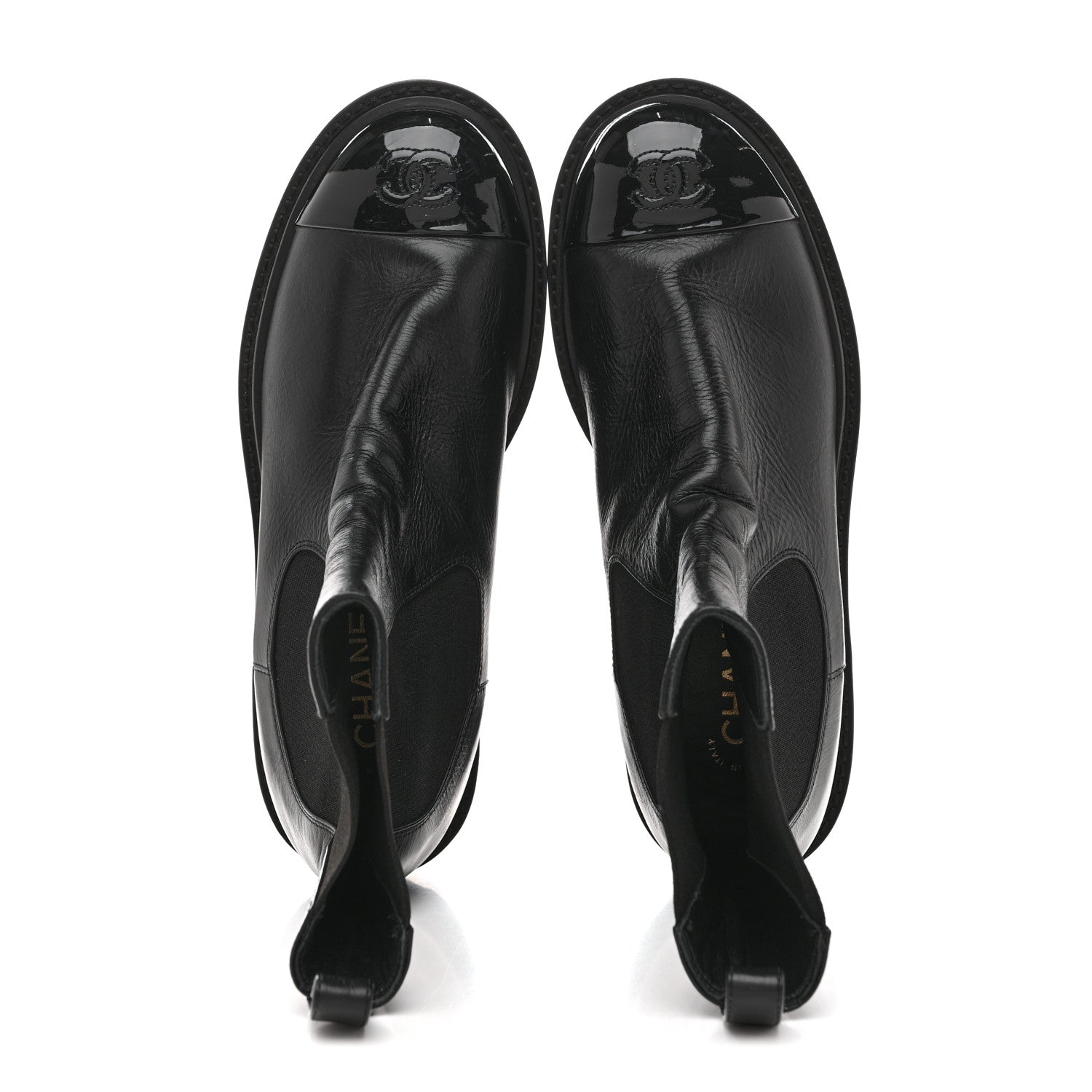 Chanel Crumpled Calfskin Patent Cap Toe Short Boots 39.5 Black