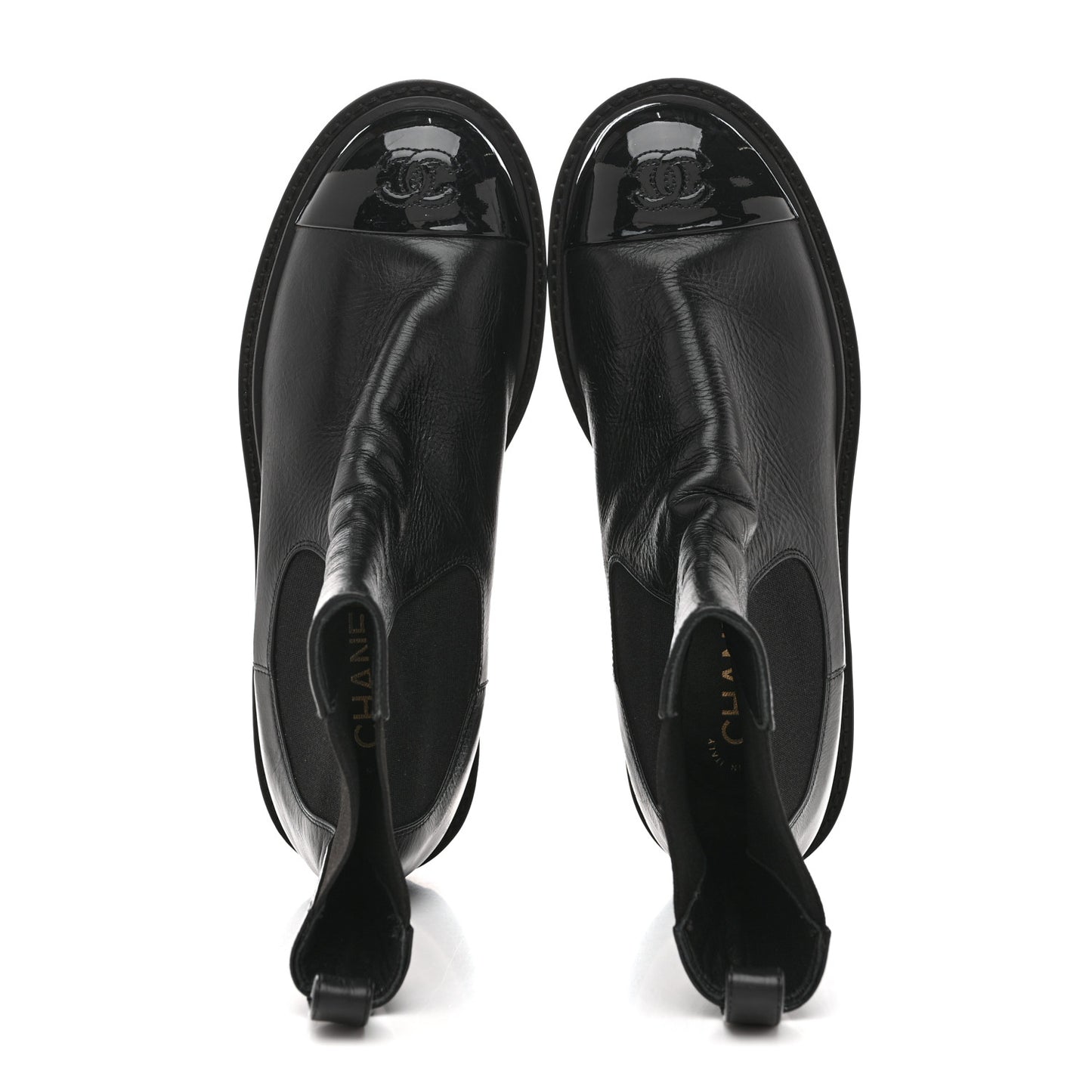Crumpled Calfskin Patent Cap Toe Short Boots 39.5 Black
