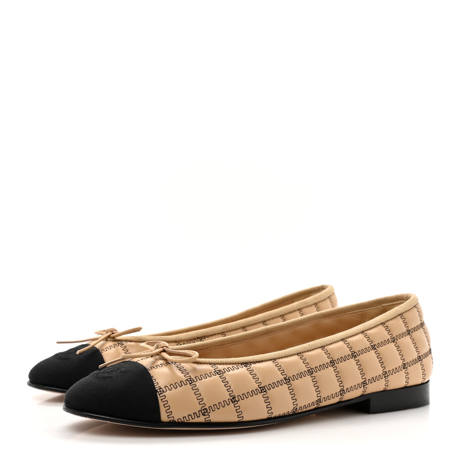 Chanel Lambskin Embroidered Quilted Cap Toe Ballerina Flats 38.5 Beige Black 4 of 9