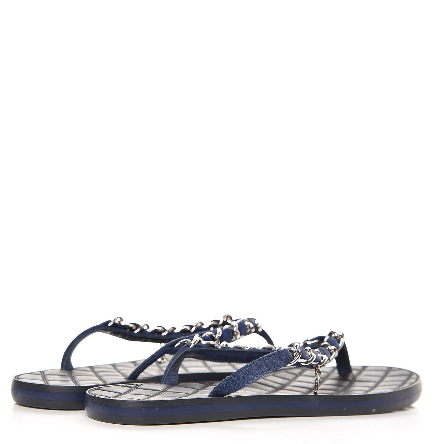 Suede Calfskin Quilted Chain Thong Sandals 35 Navy Blue