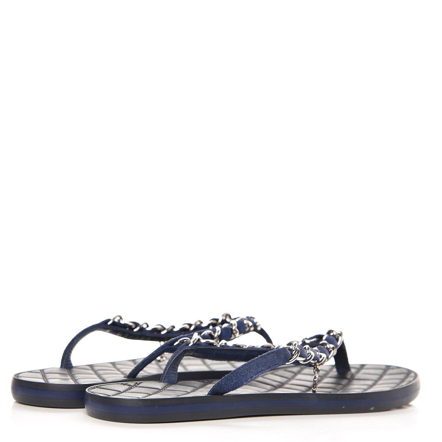 Chanel Suede Calfskin Quilted Chain Thong Sandals 35 Navy Blue 4 of 8