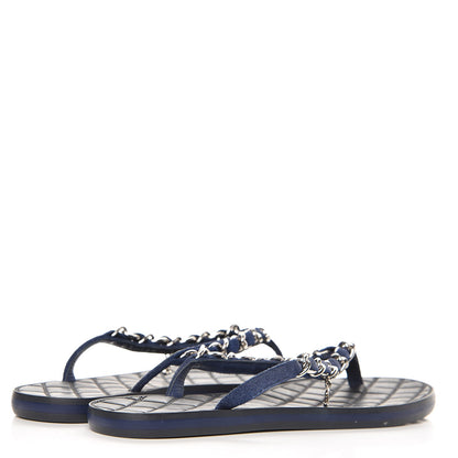 Chanel Suede Calfskin Quilted Chain Thong Sandals 35 Navy Blue 4 of 8