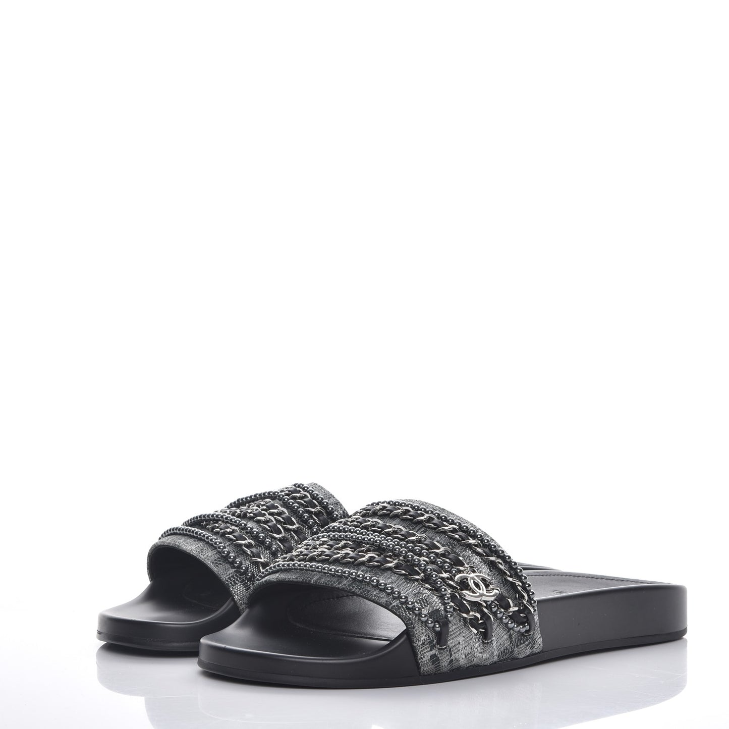 Fantasy Lambskin Pearl Chain CC Flat Mules 42 Silver Black