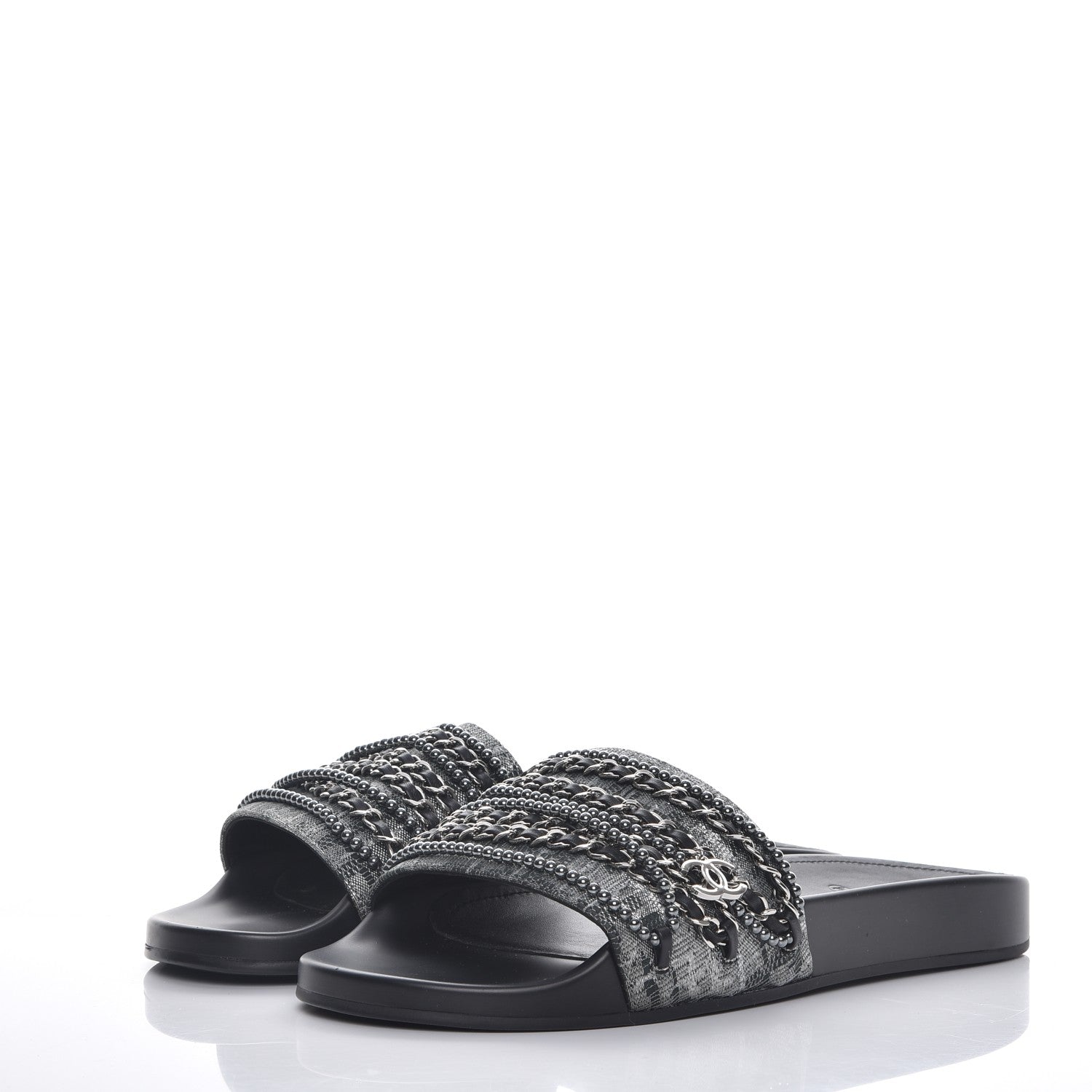 Chanel Fantasy Lambskin Pearl Chain CC Flat Mules 42 Silver Black 3 of 9