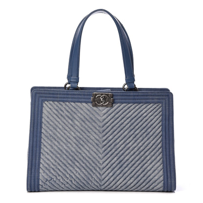 Chanel Denim Chevron Quilted Large Boy Shopping Tote Light Blue 1 of 17