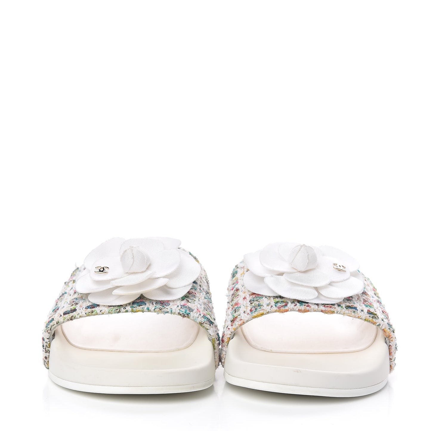 Tweed Grosgrain Camellia Flat Sandals 37 Ivory Ecru Green
