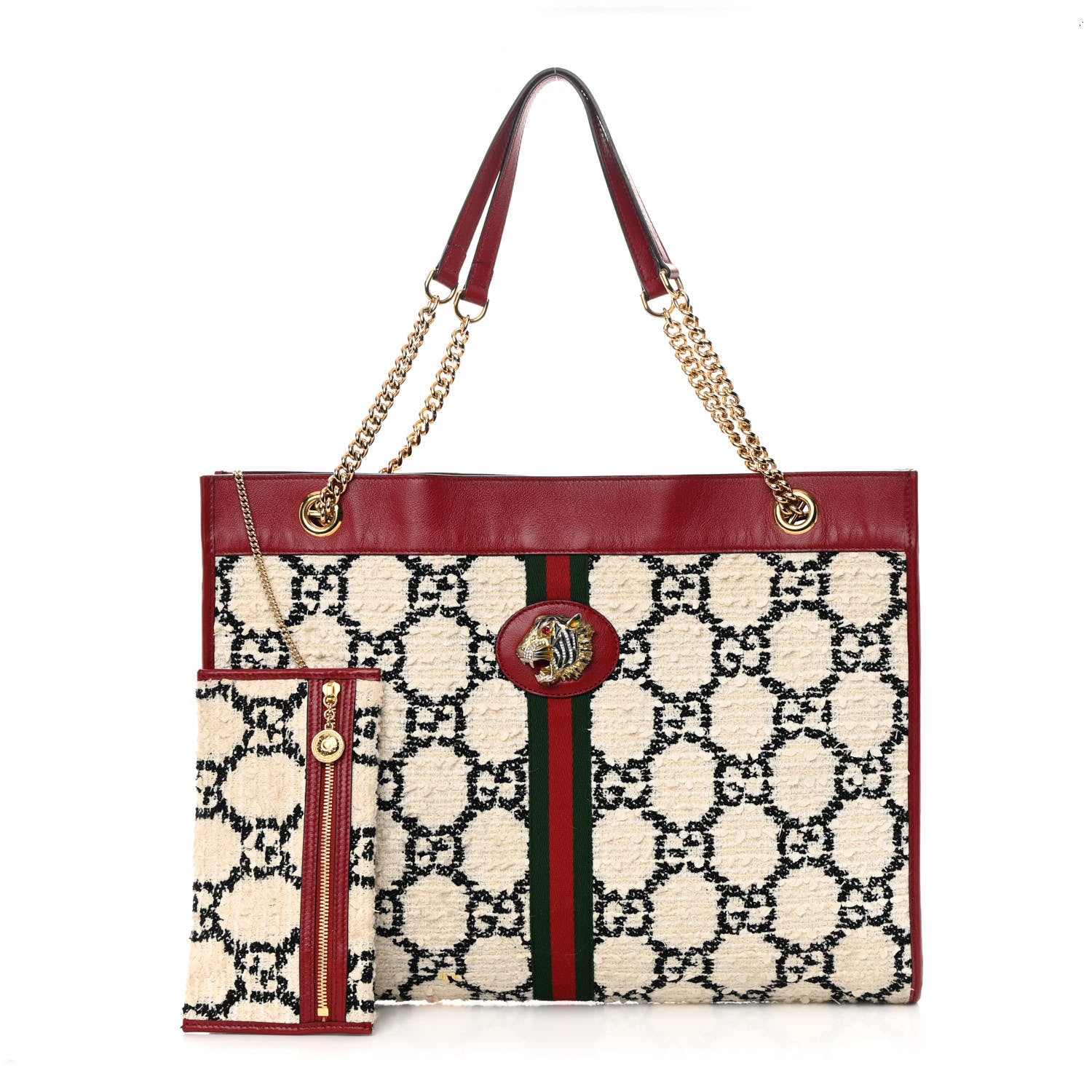 Gucci Tweed GG Monogram Large Rajah Chain Tote White Black Romantic Cherry 1 of 19