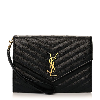 Saint Laurent Grain De Poudre Matelasse Chevron Monogram Envelope Clutch Black 1 of 13