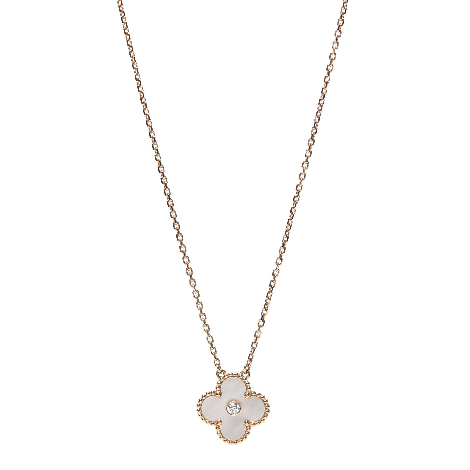 Van Cleef & Arpels 18K Rose Gold Diamond Mother of Pearl Vintage Alhambra Pendant Necklace 3 of 7