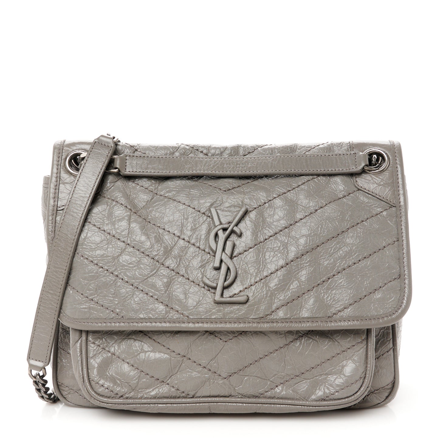 Crinkled Calfskin Matelasse Monogram Medium Niki Chain Satchel Fog