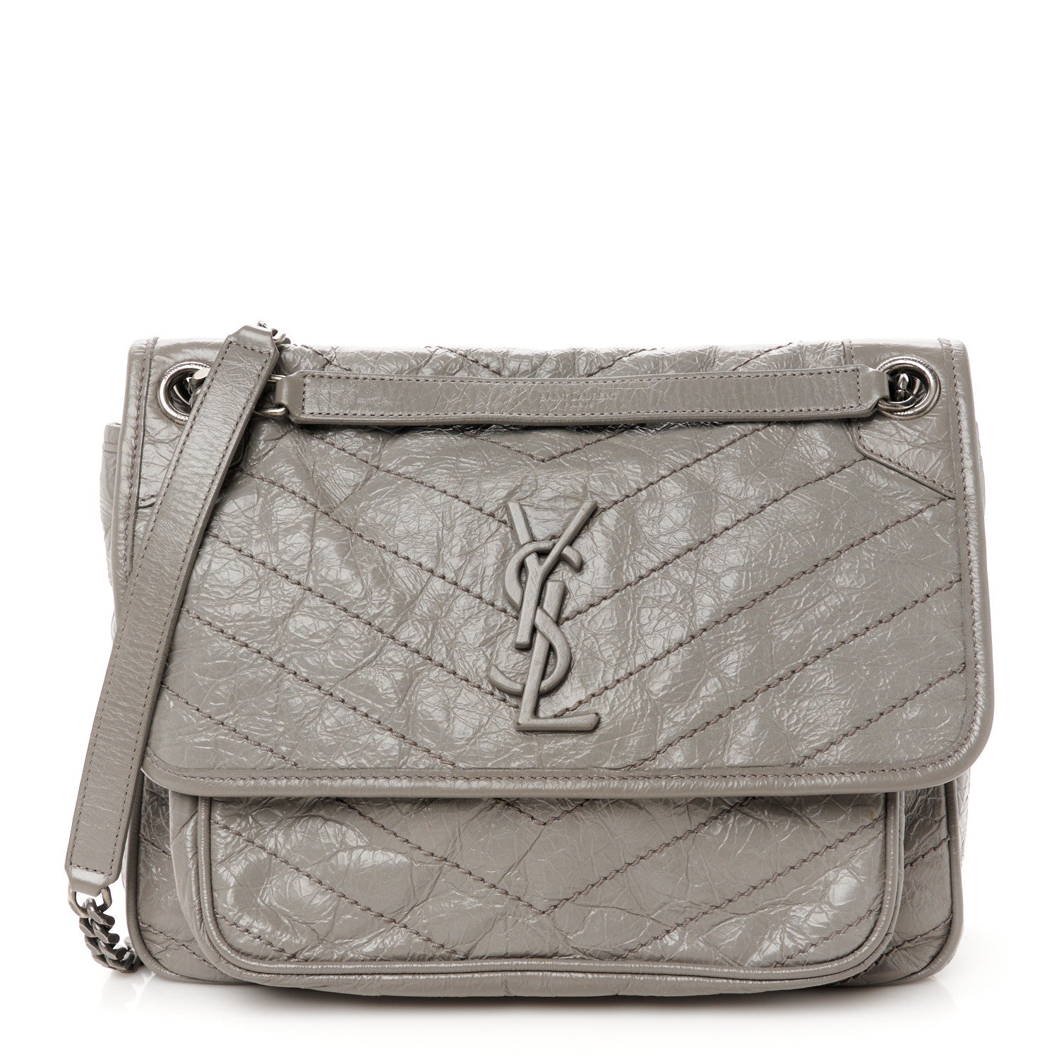 Saint Laurent Crinkled Calfskin Matelasse Monogram Medium Niki Chain Satchel Fog 1 of 11