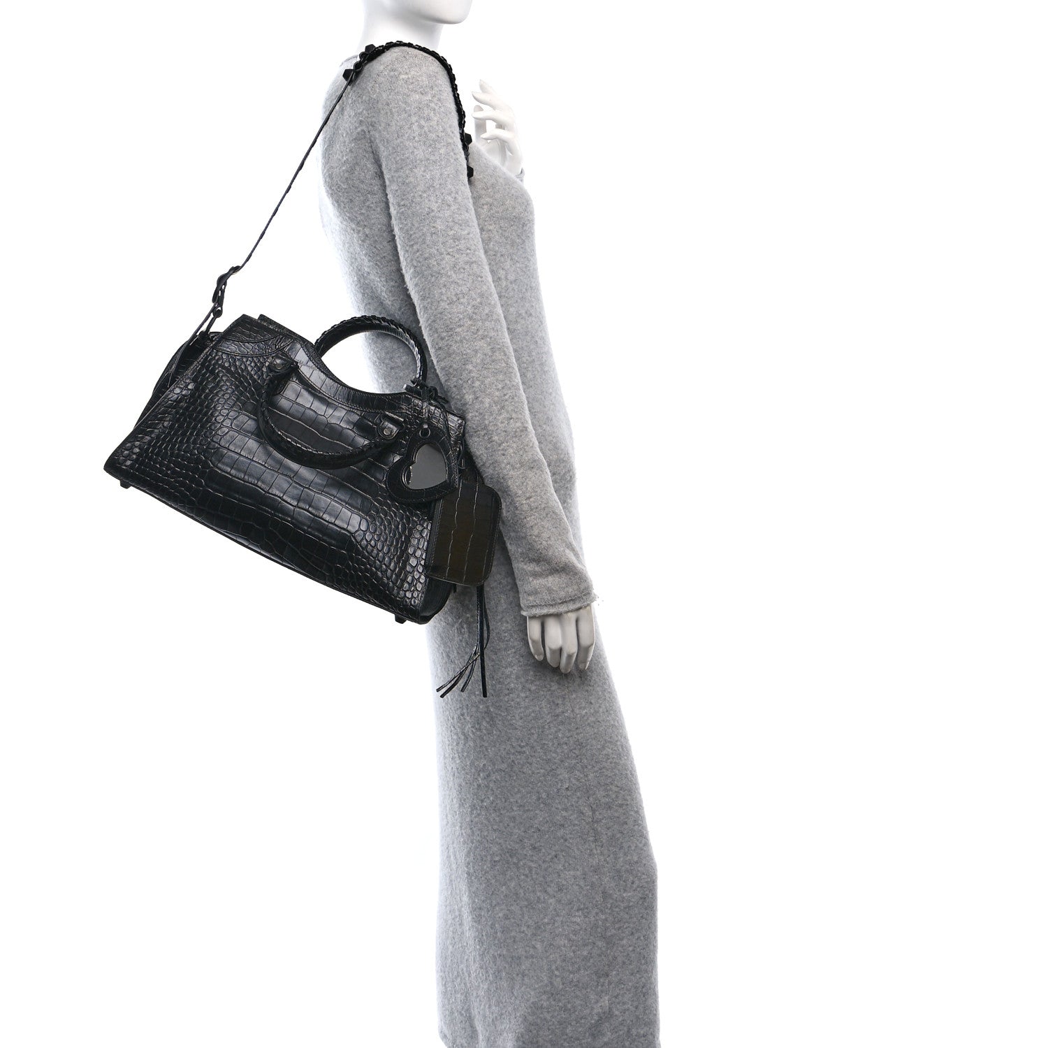 Balenciaga Semi Shiny Calfskin Crocodile Embossed Neo Cagole Black Hardware City Handbag Black 2 of 11