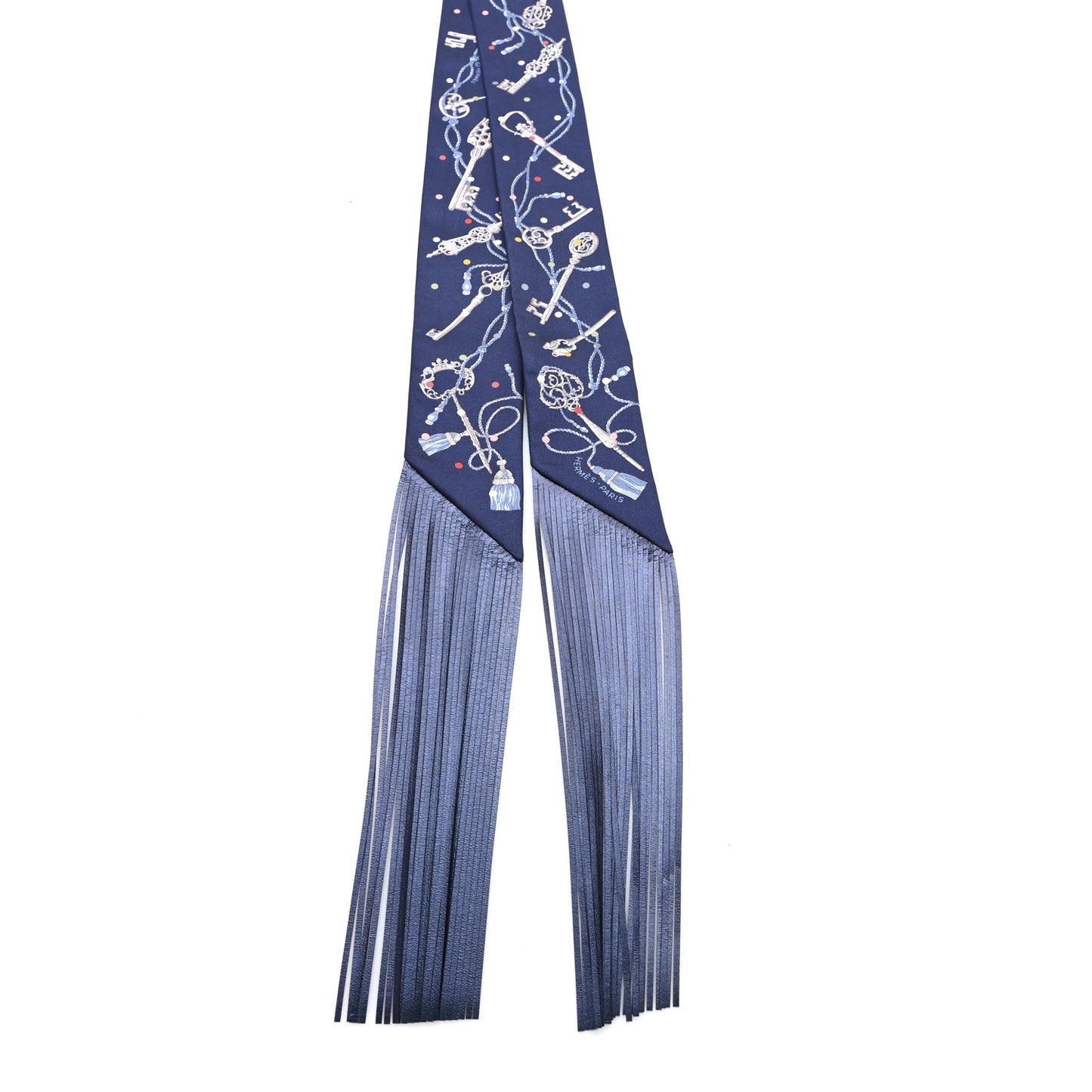 Silk Metallic Agneau Les Cles A Pois Fringed Twilly Bleu Marine Gris Argent Multicolor