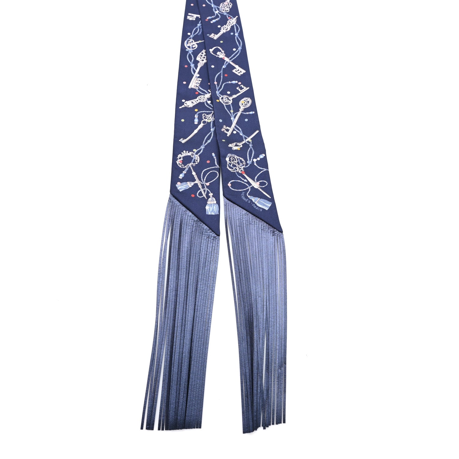 Hermes Silk Metallic Agneau Les Cles A Pois Fringed Twilly Bleu Marine Gris Argent Multicolor 2 of 3