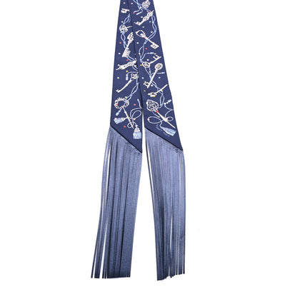 Hermes Silk Metallic Agneau Les Cles A Pois Fringed Twilly Bleu Marine Gris Argent Multicolor 2 of 3