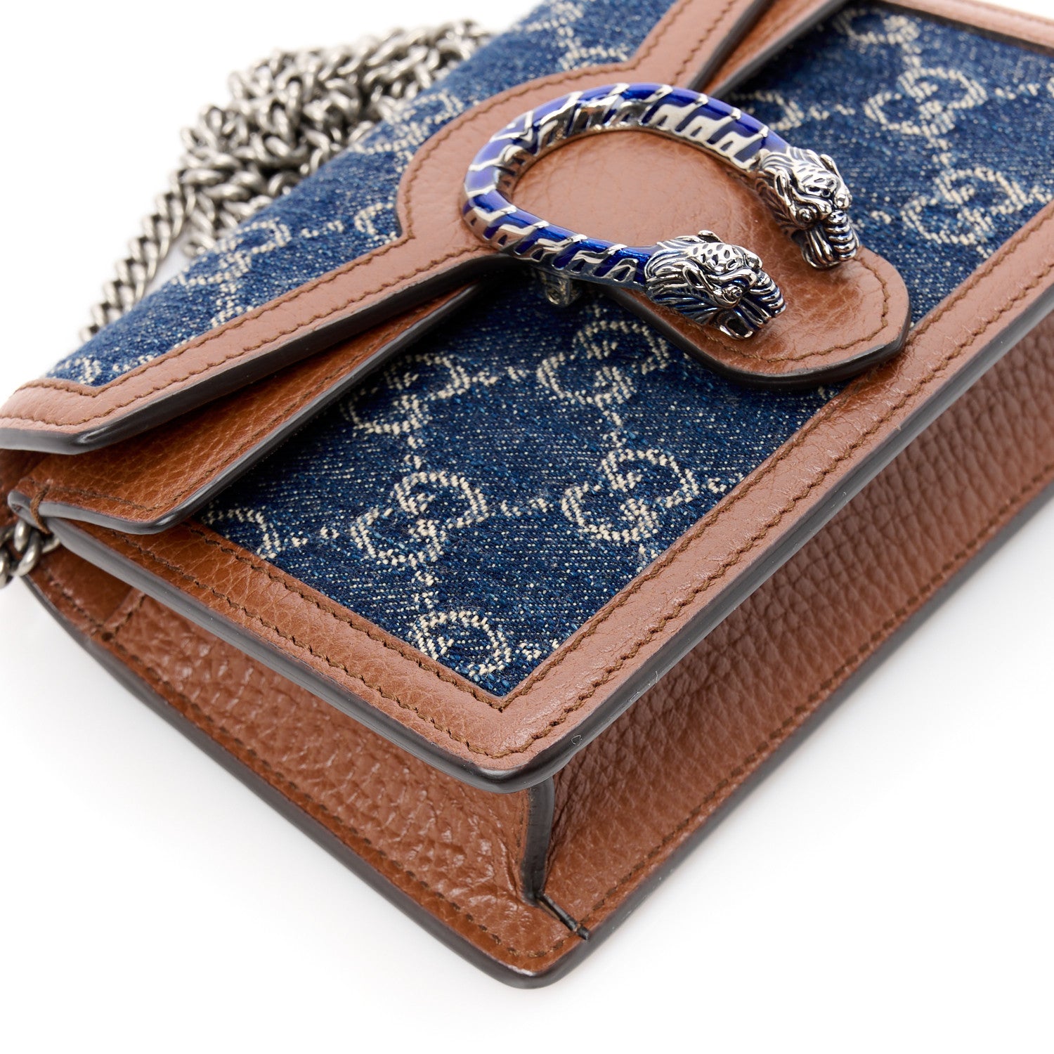 Gucci New Denim GG Monogram Dollar Calfskin Enamel Super Mini Dionysus Shoulder Bag Blue Tea Cuir Epilog Electric Blue 9 of 10