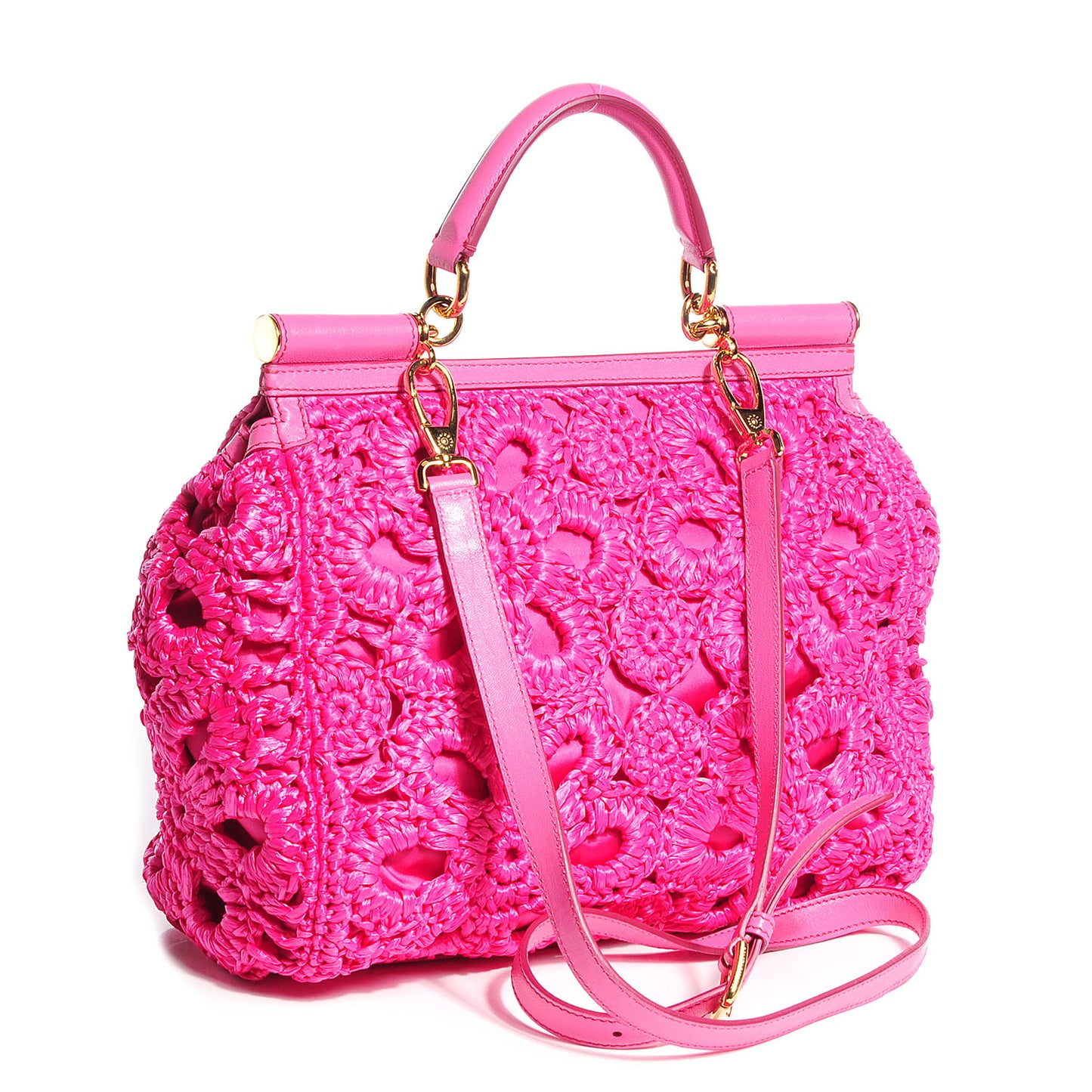 Straw Crocheted Miss Sicily Top Handle Bag Rosa