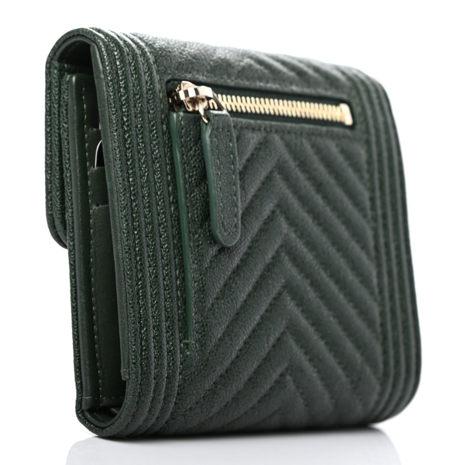Chanel Metallic Caviar Chevron Quilted Boy Flap Card Holder Green 3 of 7