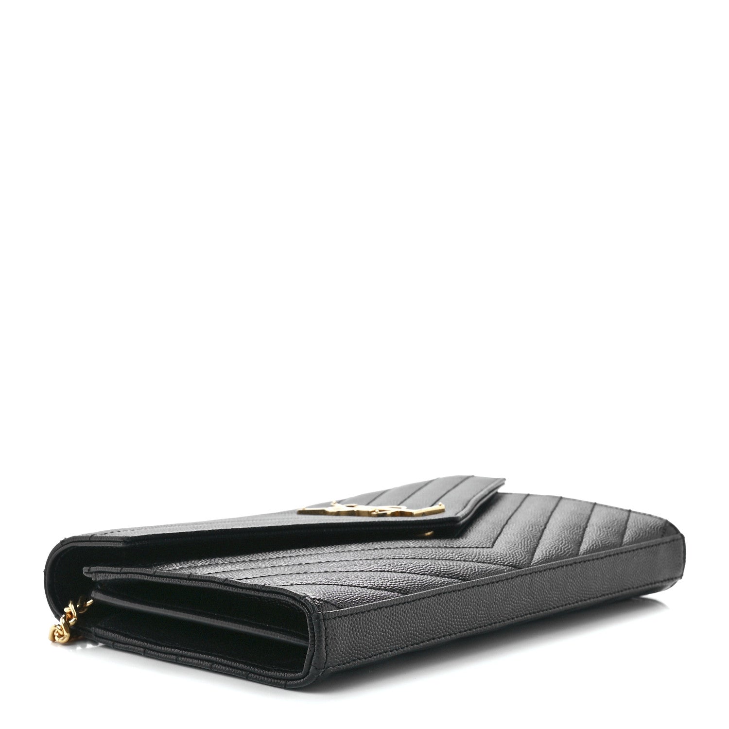 Saint Laurent Grain De Poudre Matelasse Chevron Monogram Chain Wallet Black 4 of 11