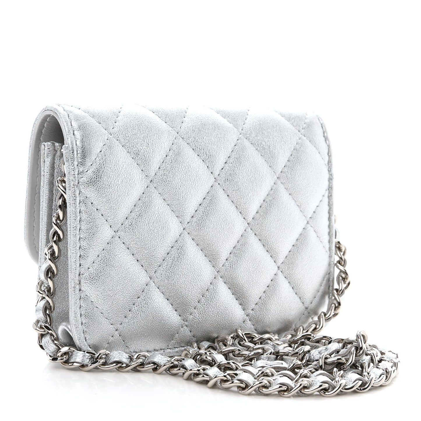 Metallic Lambskin Crystal Quilted Star Chain Belt Bag Silver