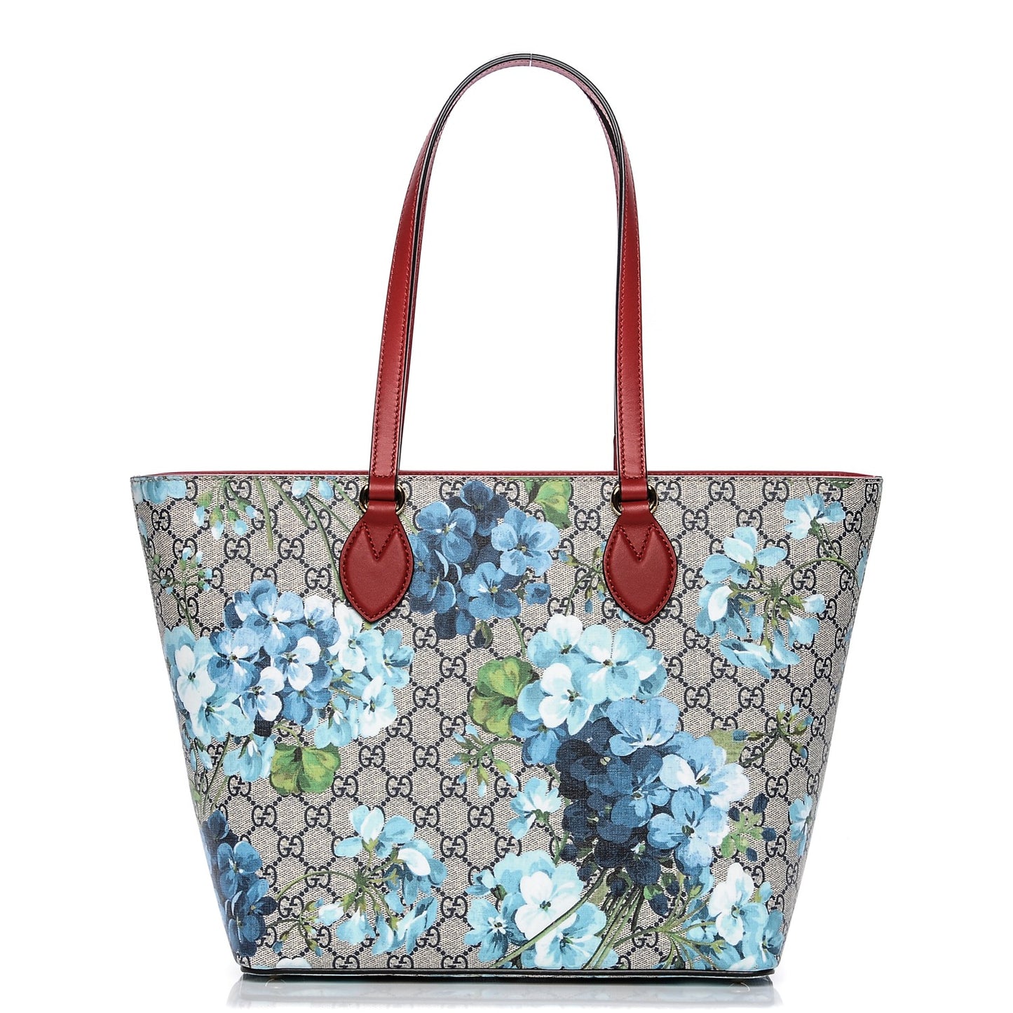 GG Supreme Monogram Blooms Medium Zippered Bucket Tote Beige Blue Navy Hibiscus Red