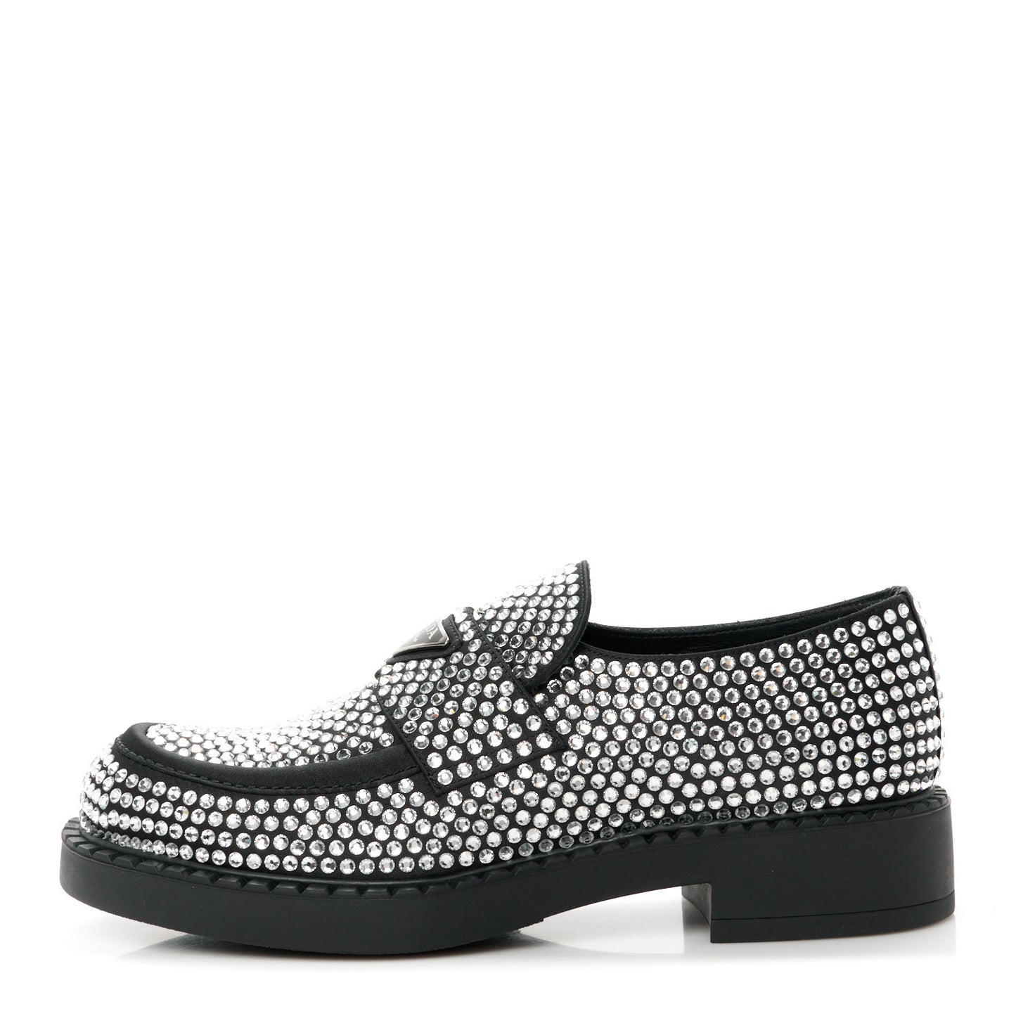 Satin Crystal Metal Triangle Logo Mens Loafers 7 Cristal