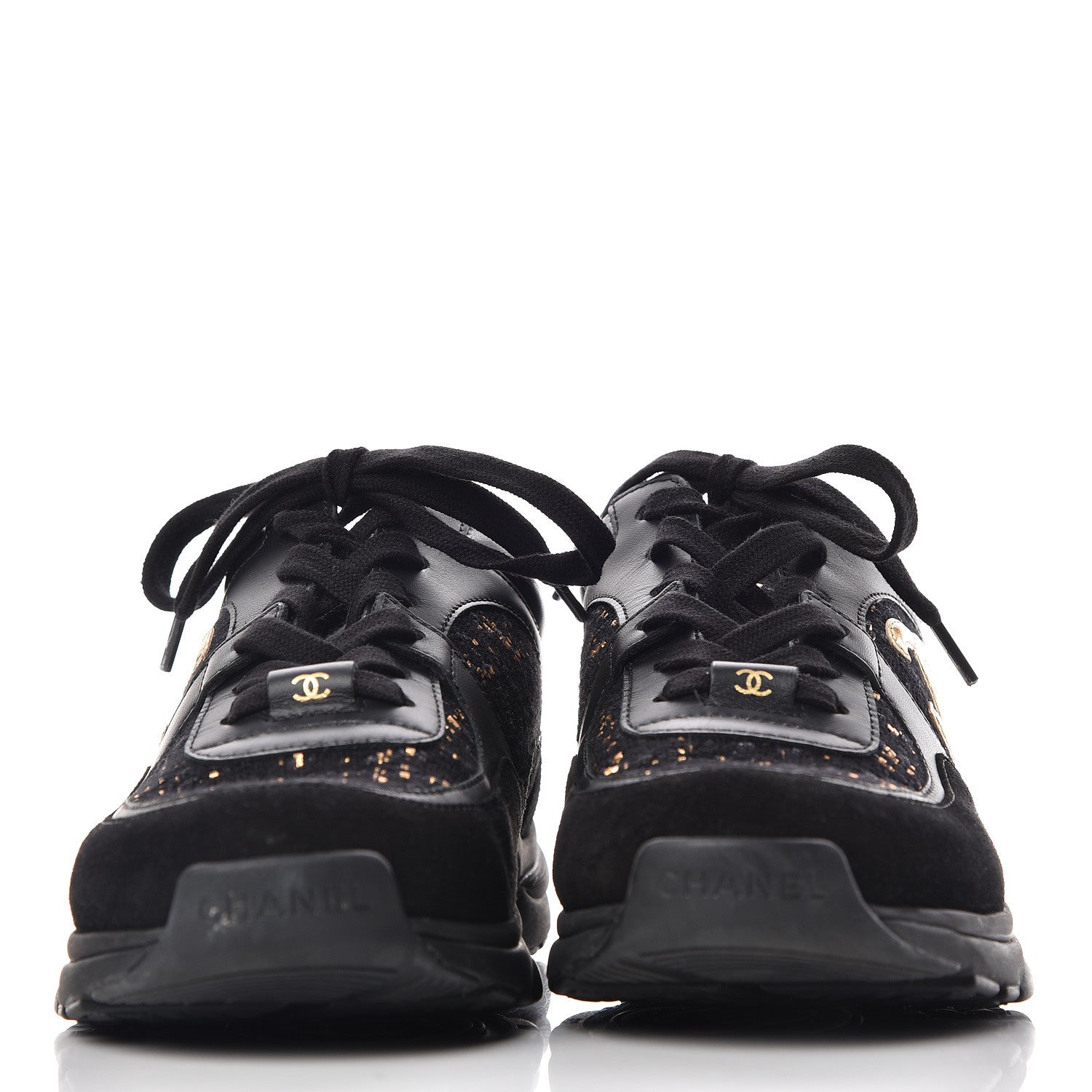 Chanel Velour Tweed CC Sneakers 37.5 Black Gold 2 of 8