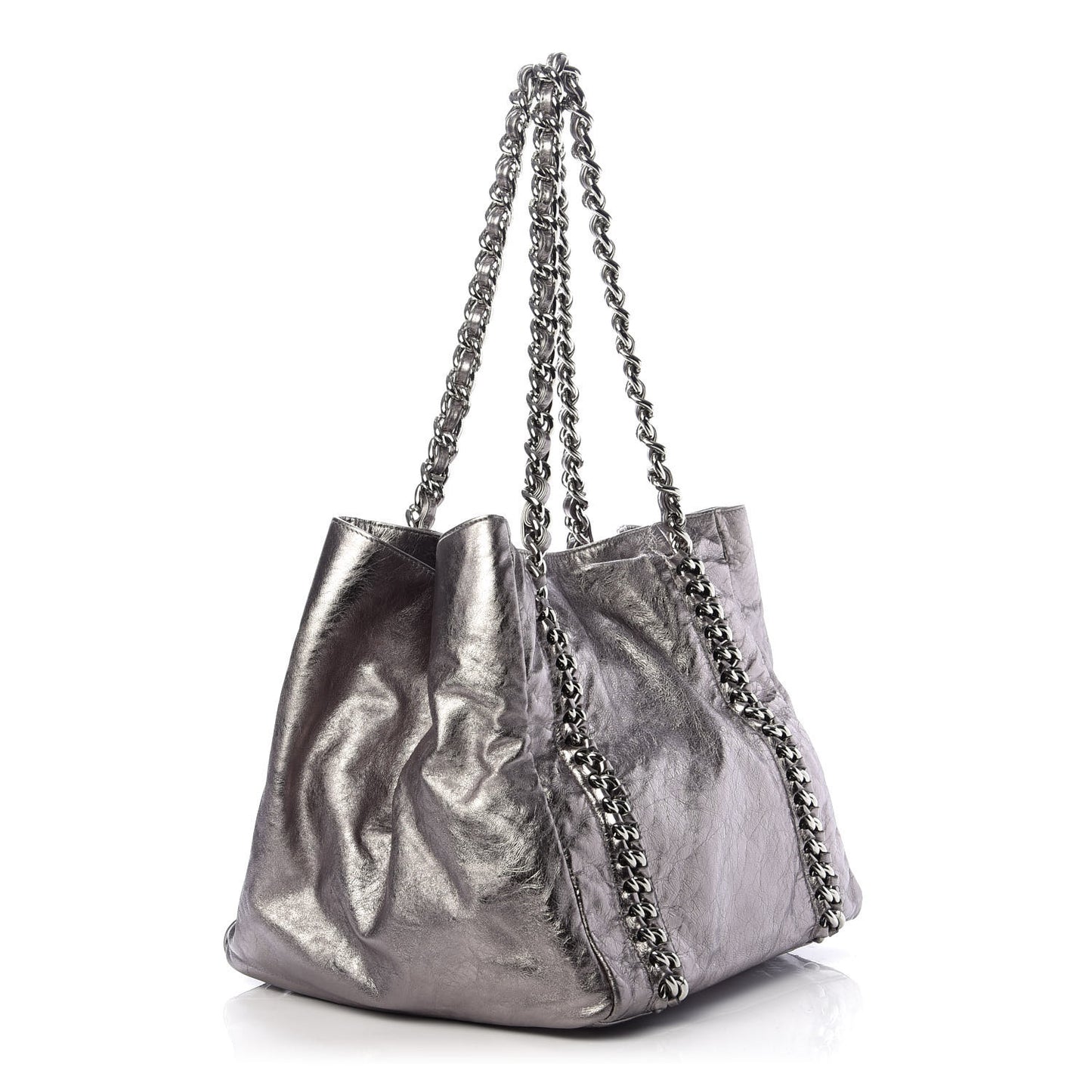 Metallic Cracked Calfskin Modern Chain Tote Dark Silver
