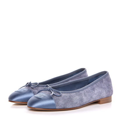 Chanel Satin Denim Goatskin CC Cap Toe Ballerina Flats 37.5 Blue 3 of 9