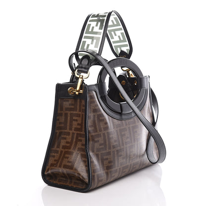 Fendi Glazed Fabric Vitello Century Plexiglass FF 1974 Stamp Patch Small Runaway Shopper Tote Mogano Panna Black 2 of 10