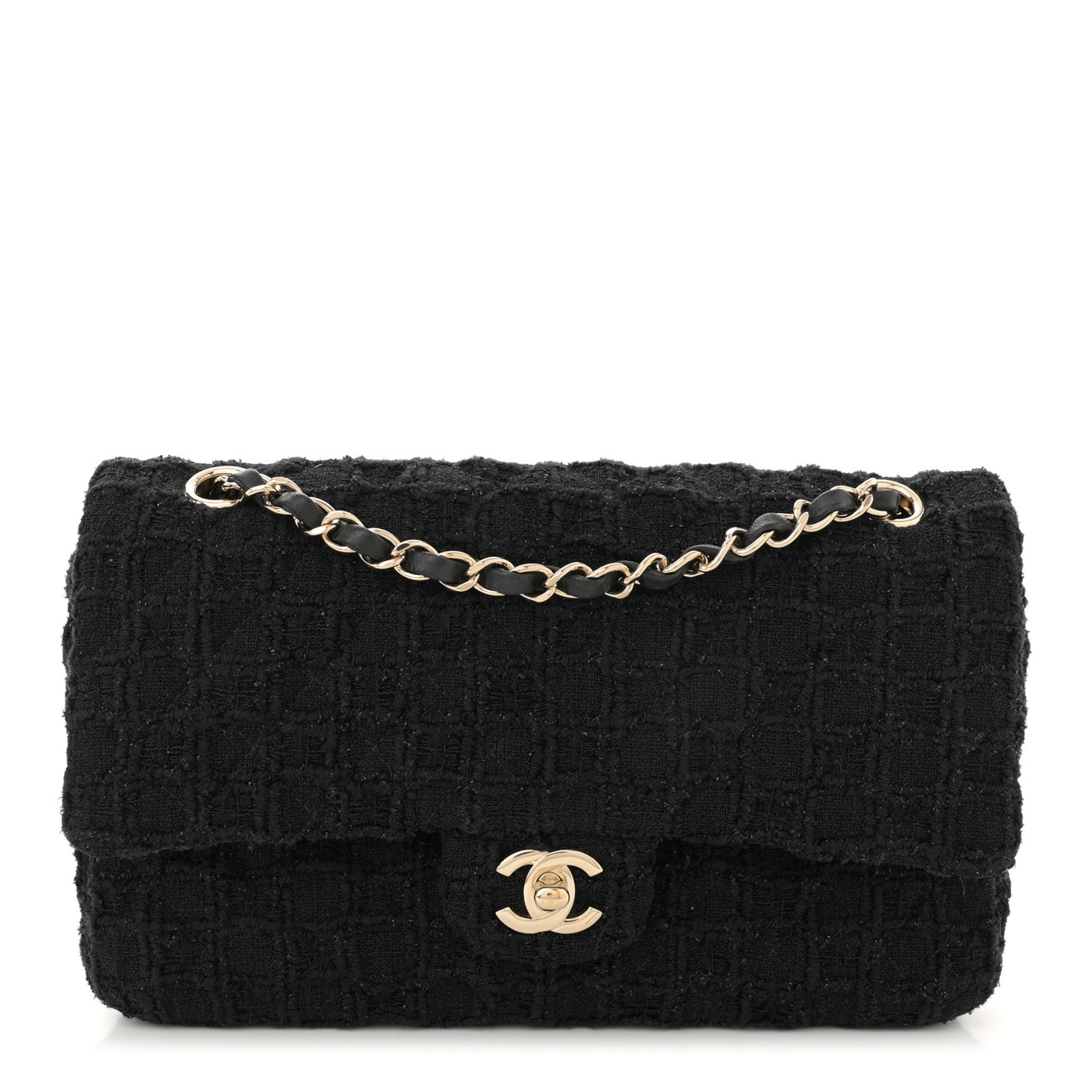 Tweed Quilted Medium Double Flap Black