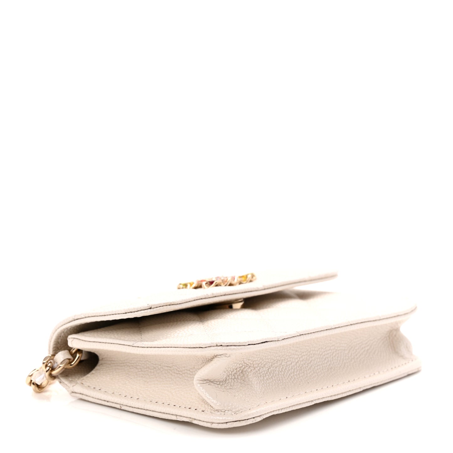 Caviar Quilted Crystal CC Clutch With Chain White
