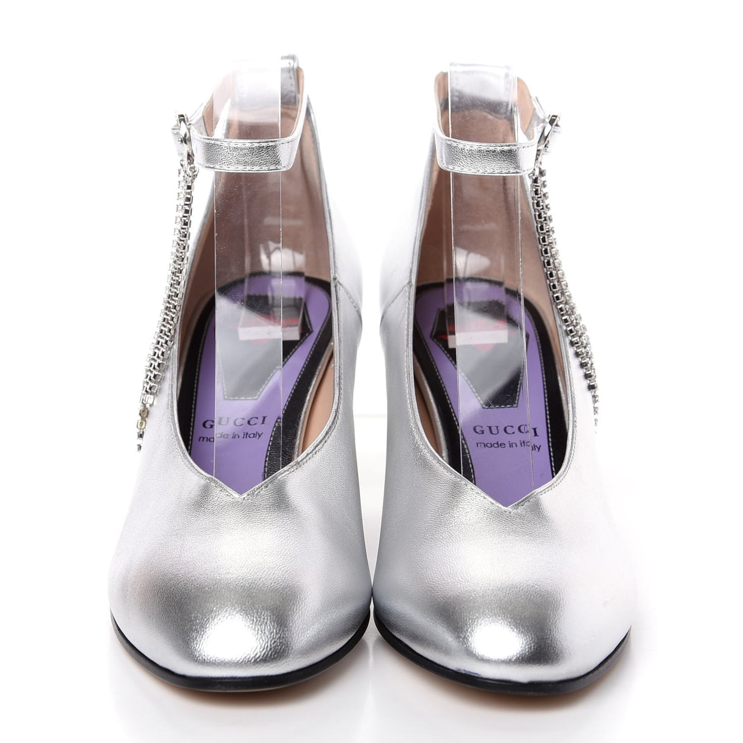 Metallic Nappa Crystal Square G Mid Heel Pumps 35 Silver