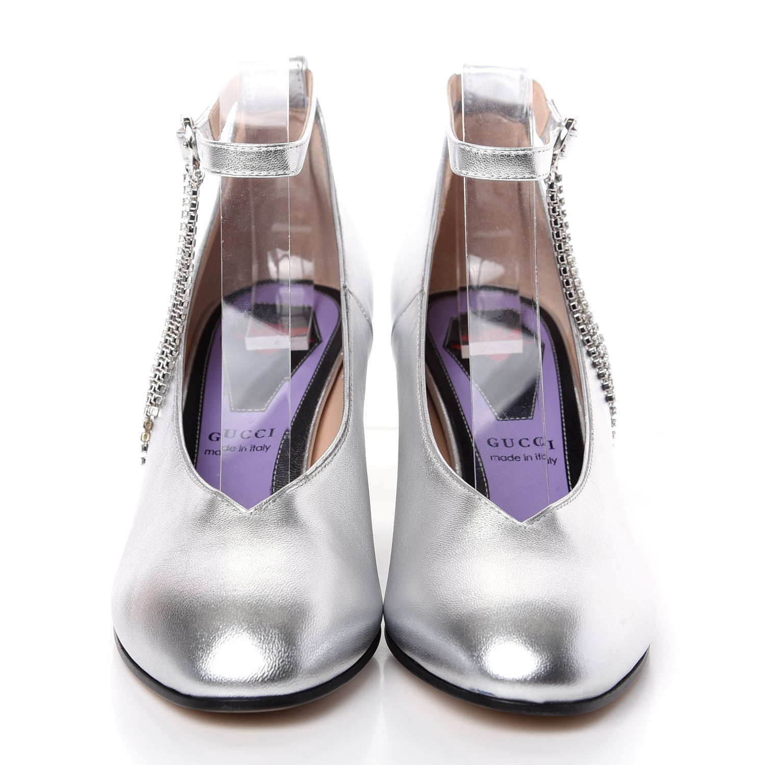 Gucci Metallic Nappa Crystal Square G Mid Heel Pumps 35 Silver 2 of 11
