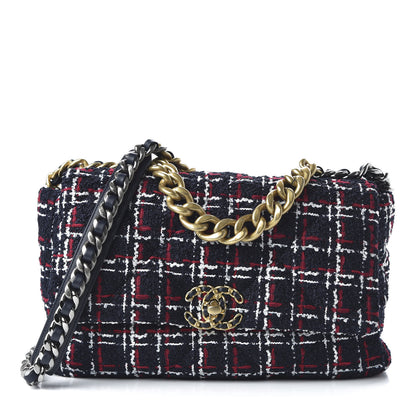 Chanel Tweed Quilted Large 19 Flap Navy Blue White Red 1 of 10