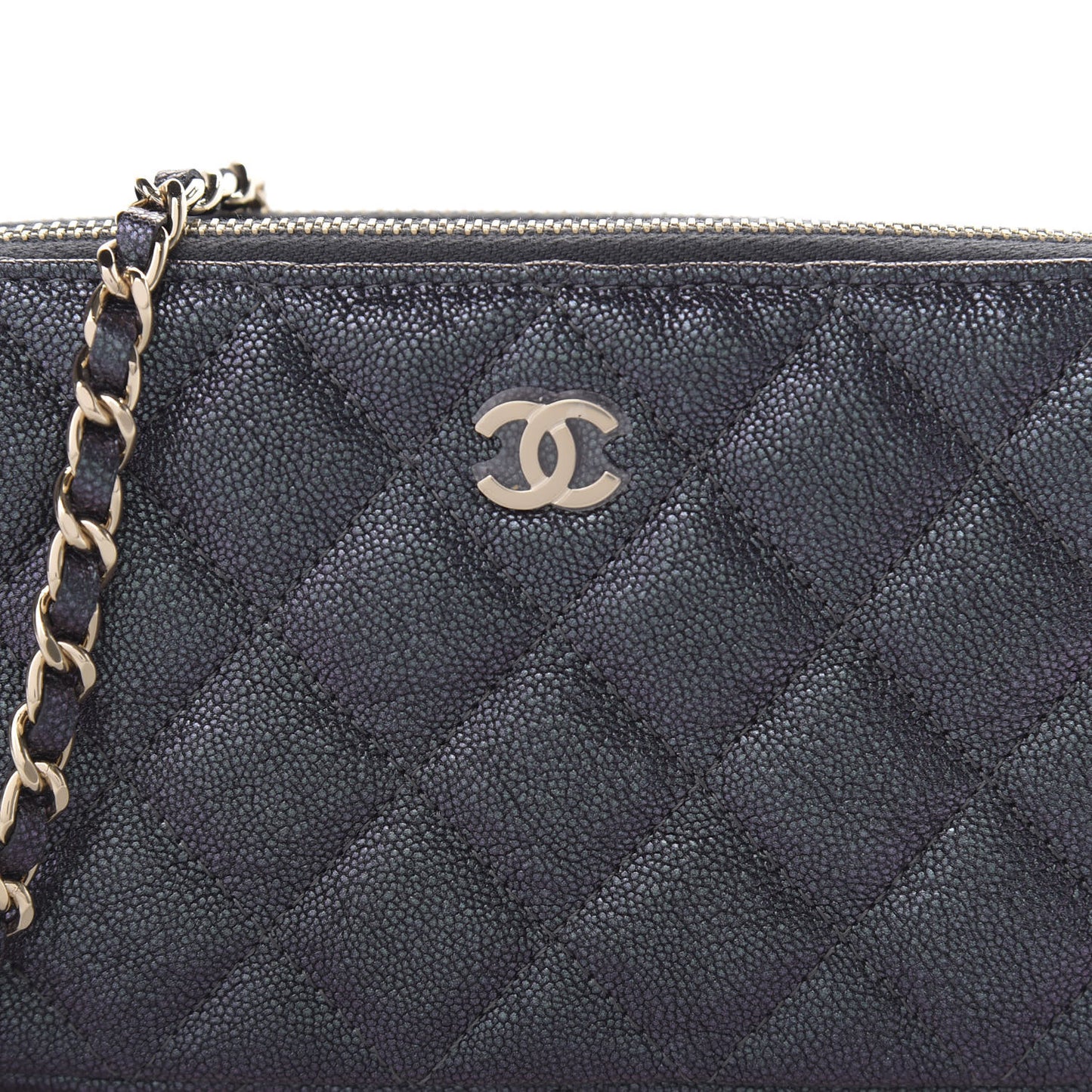 Iridescent Caviar Quilted Clutch With Chain Black
