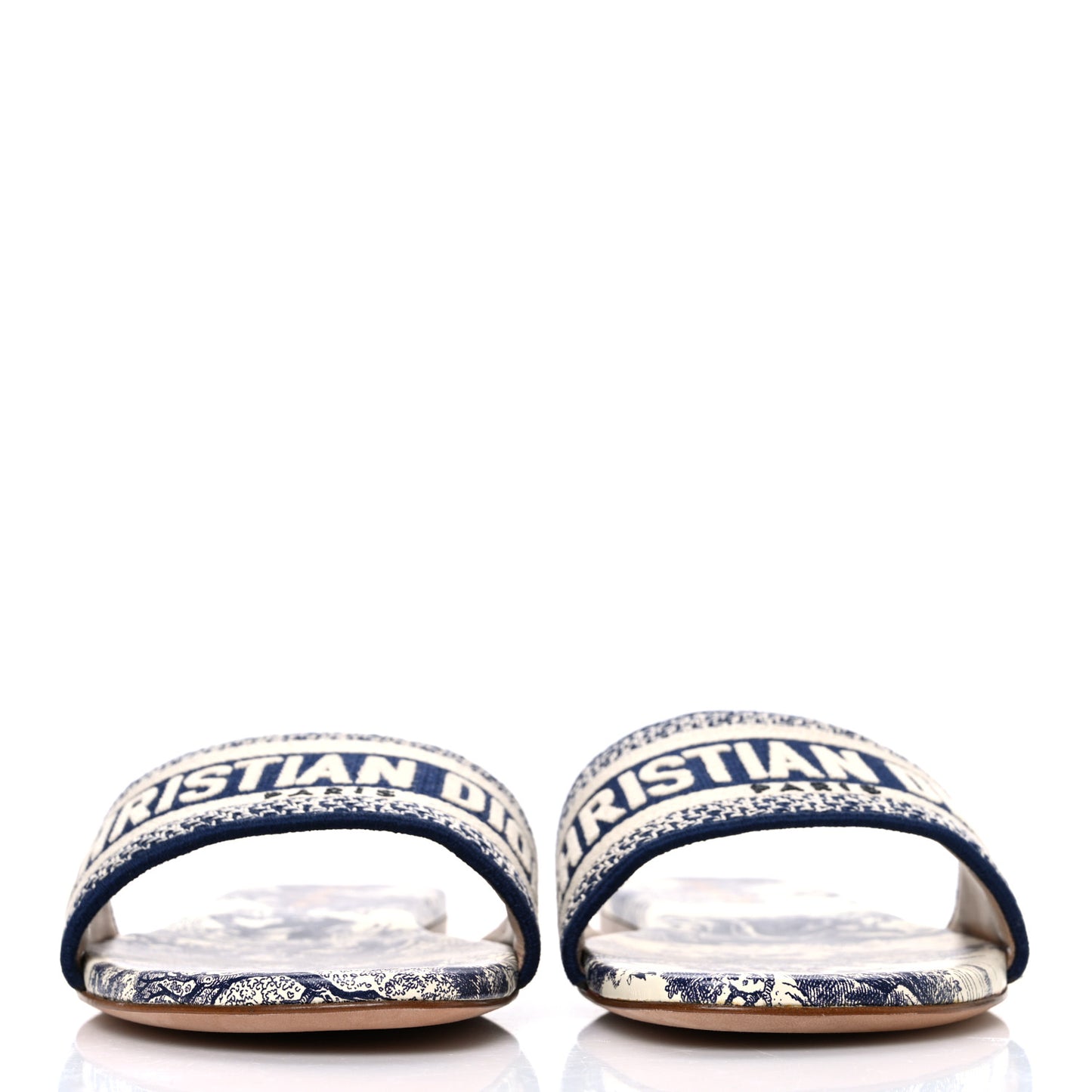 Canvas Toile de Jouy Embroidered Dway Flat Slide Sandals 39 Blue