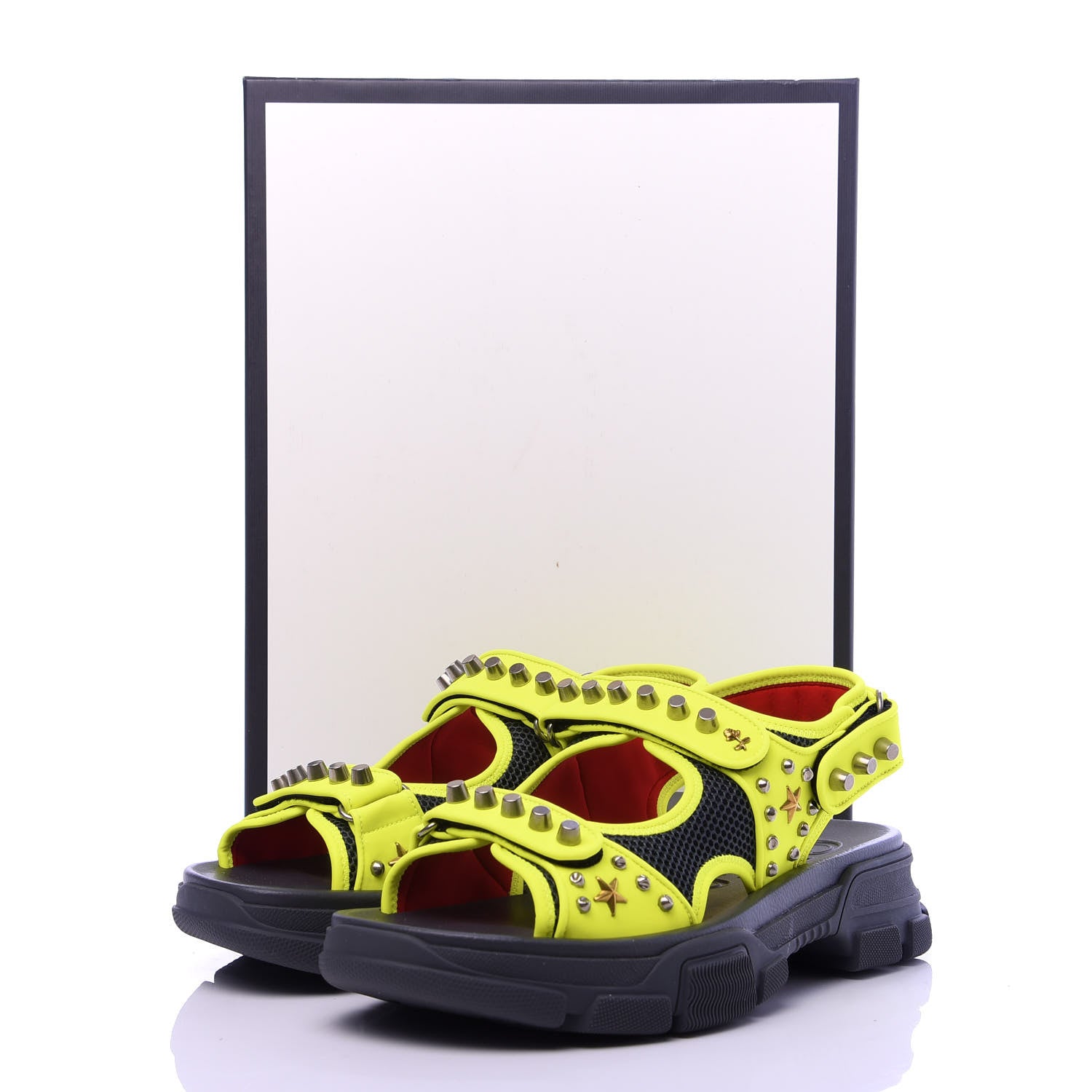 Gucci Technical Canvas Calfskin Studded Mens Aguru Sandals 10 Neon Yellow 9 of 9