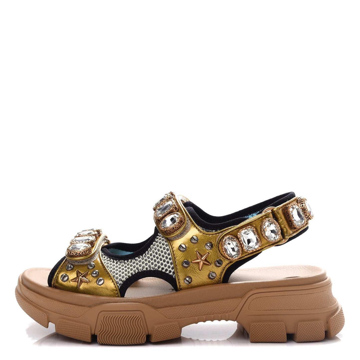 Silk Calfskin Mesh Crystal Embellished Studded Womens Aguru Sandals 38.5 Gold