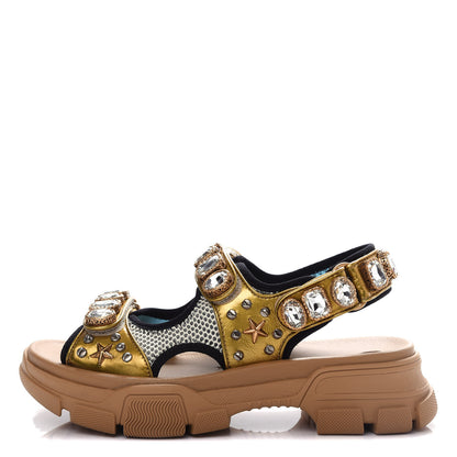 Gucci Silk Calfskin Mesh Crystal Embellished Studded Womens Aguru Sandals 38.5 Gold 1 of 10