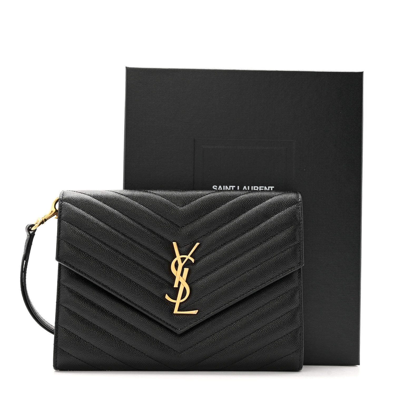 Saint Laurent Grain De Poudre Matelasse Chevron Monogram Envelope Clutch Black 9 of 9