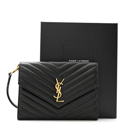 Saint Laurent Grain De Poudre Matelasse Chevron Monogram Envelope Clutch Black 9 of 9
