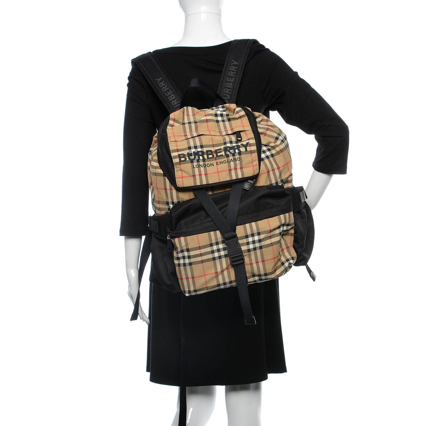 Nylon Vintage Check Logo Print Backpack Black Archive Beige